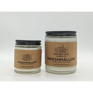 
                  
                    Load image into Gallery viewer, A four ounce and an eight ounce soy candle that both have brown labels that read northern home candle and marshmallow. 
                  
                