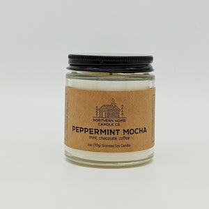 
                  
                    Load image into Gallery viewer, Soy candle with brown label that reads peppermint mocha, mint, chocolate, and coffee. 
                  
                