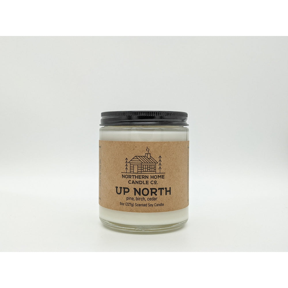 
                  
                    Load image into Gallery viewer, 8 ounce soy candle with brown label that reads northern home candle co and up north. 
                  
                