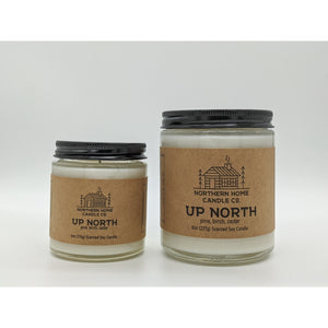 
                  
                    Load image into Gallery viewer, A 4 ounce and and 8 ounce soy candle that both have brown labels and both read northern home candle and up north.
                  
                