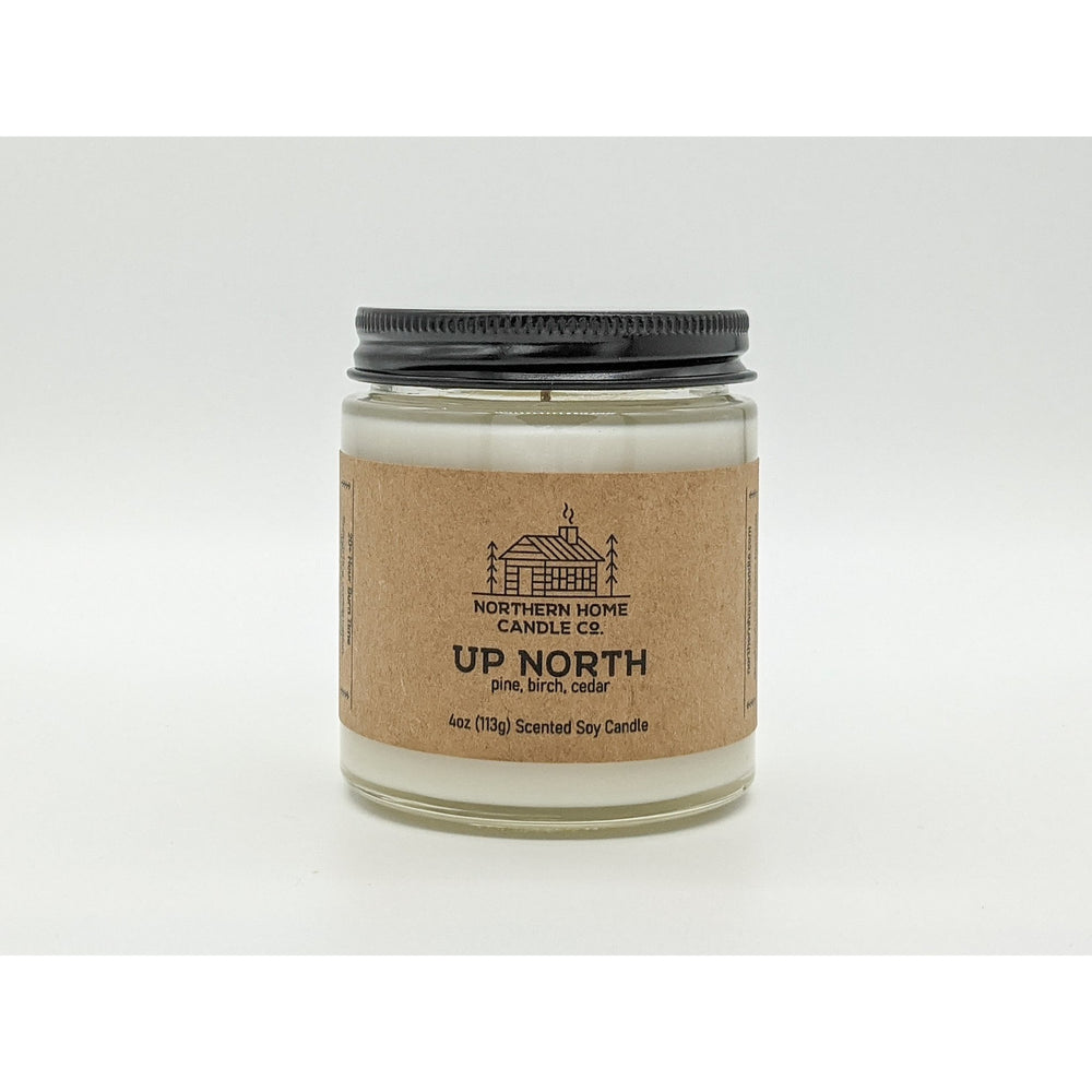 
                  
                    Load image into Gallery viewer, 4 ounce soy candle with brown label that reads northern home candle and up north.
                  
                