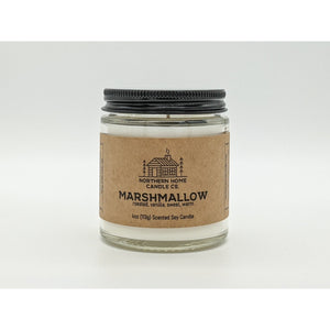 
                  
                    Load image into Gallery viewer, 4 ounce soy candle with brown label that reads northern home candle and marshmallow.
                  
                